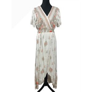 Lapogee Women White Paisley Floral Print‎ Maxi Wrap Dress Size L Rayon Boho